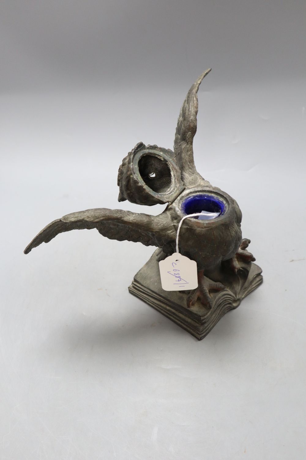 After Paul Engel. A spelter owl inkstand, signed